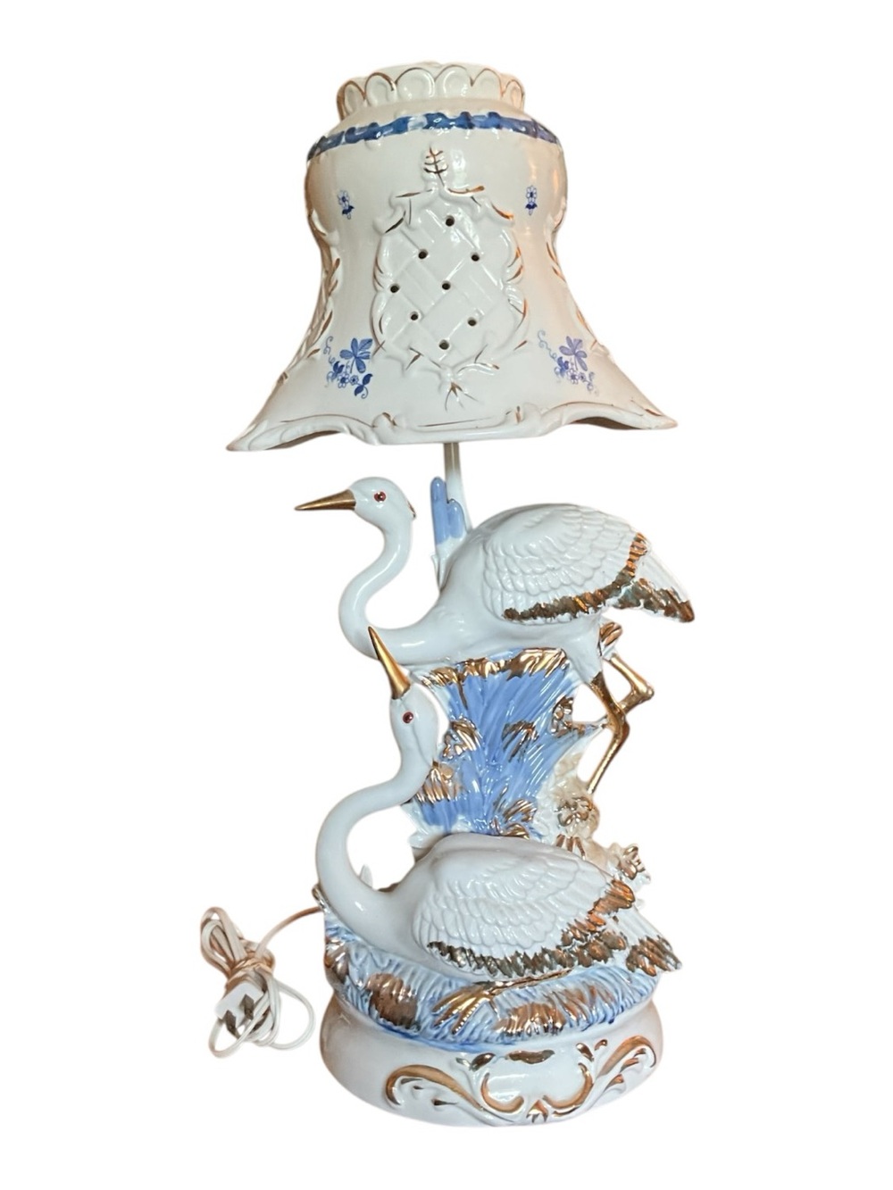 Vintage Porcelain Crane Heron Lamp Blue Gold Pierced Shade Made in Taiwan